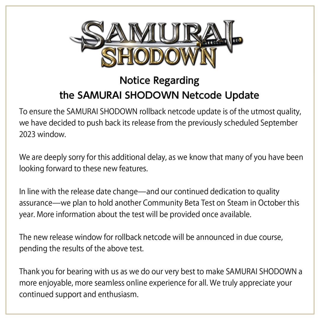 Samurai Shodown's rollback netcode update has been postponed