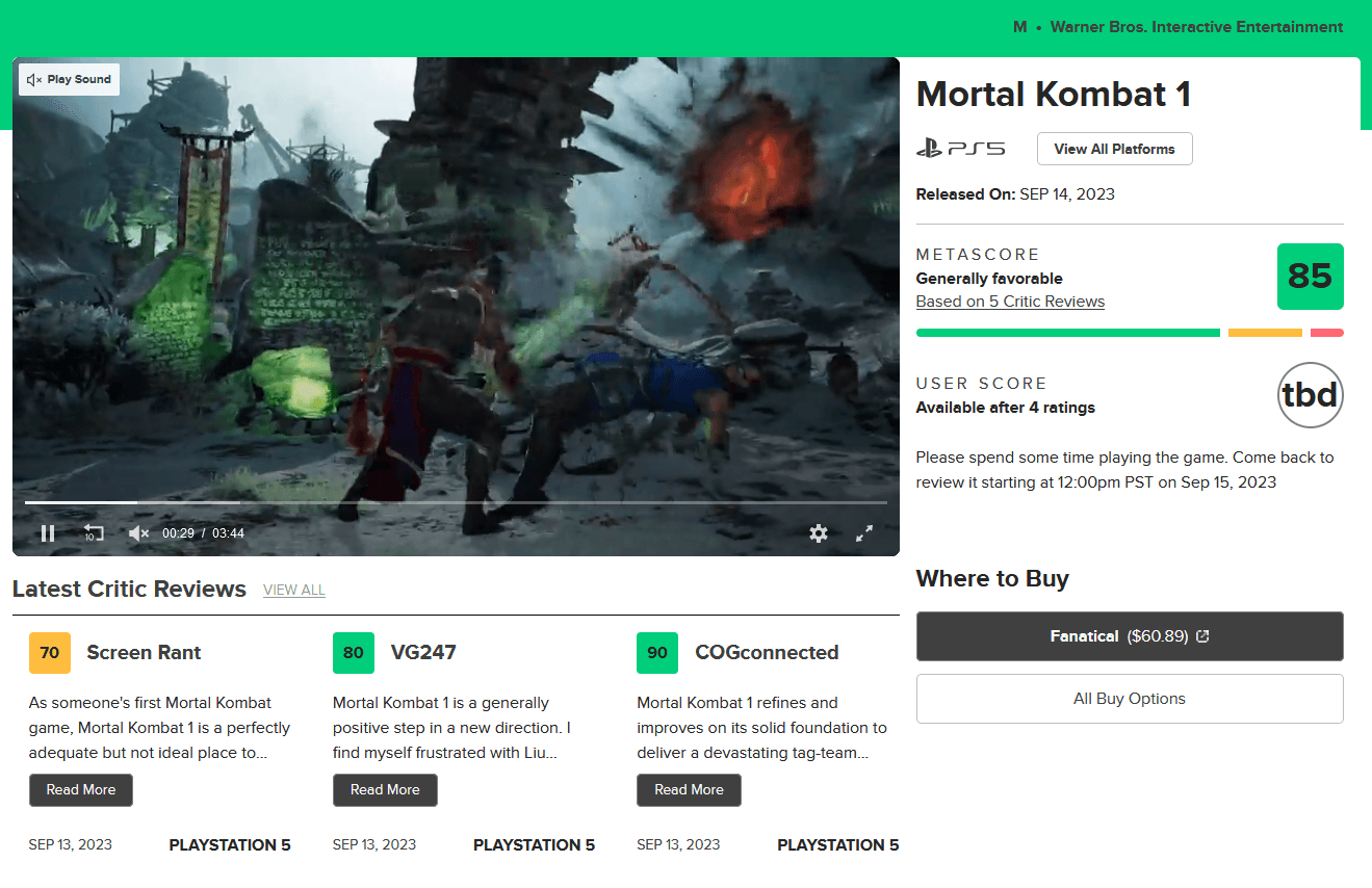 Early Mortal Kombat 1 Critic Scores