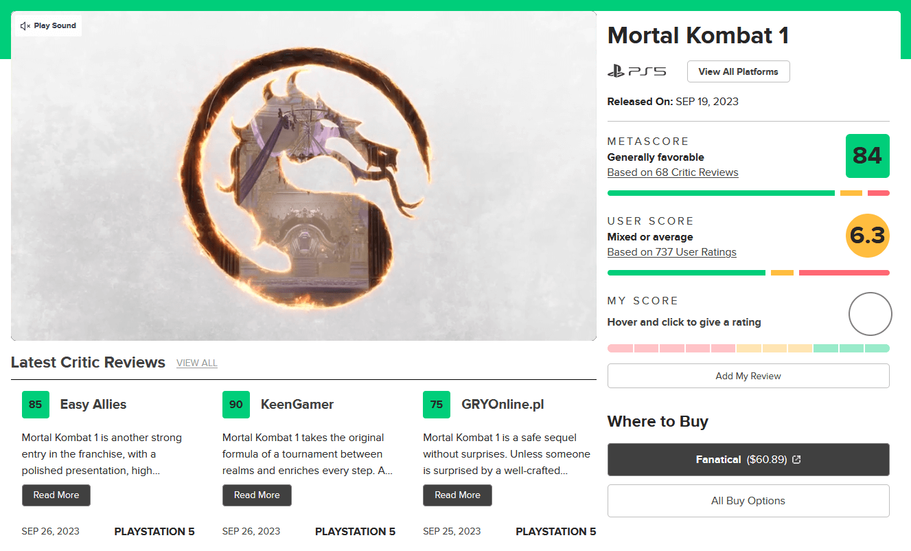 Mortal Kombat 1 - First Reviews w/ Metacritic & OpenCritic Score