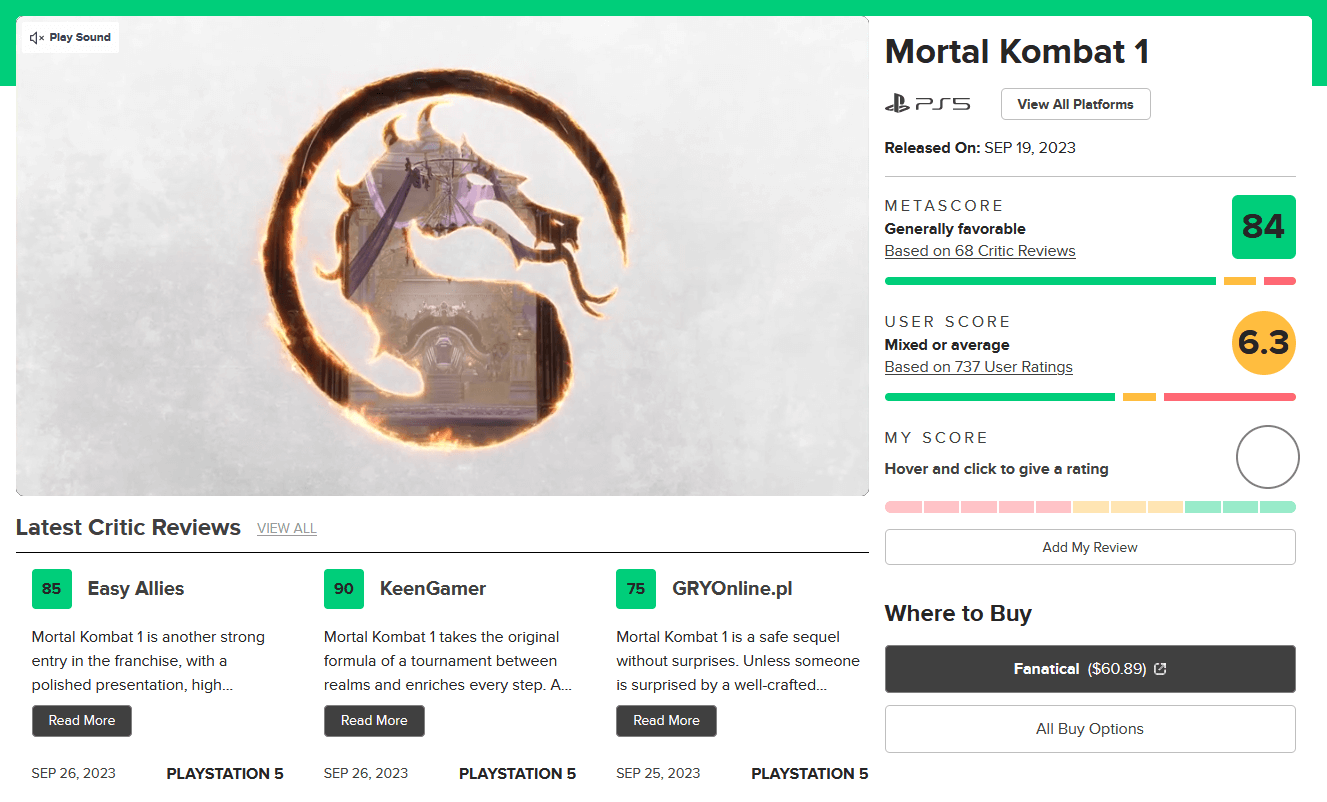 Mortal Kombat 1 Metacritic Score Revealed