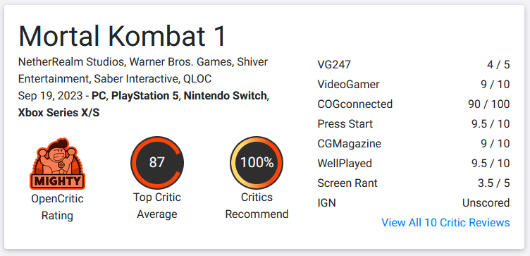 Mortal Kombat 1 Metacritic Score Revealed